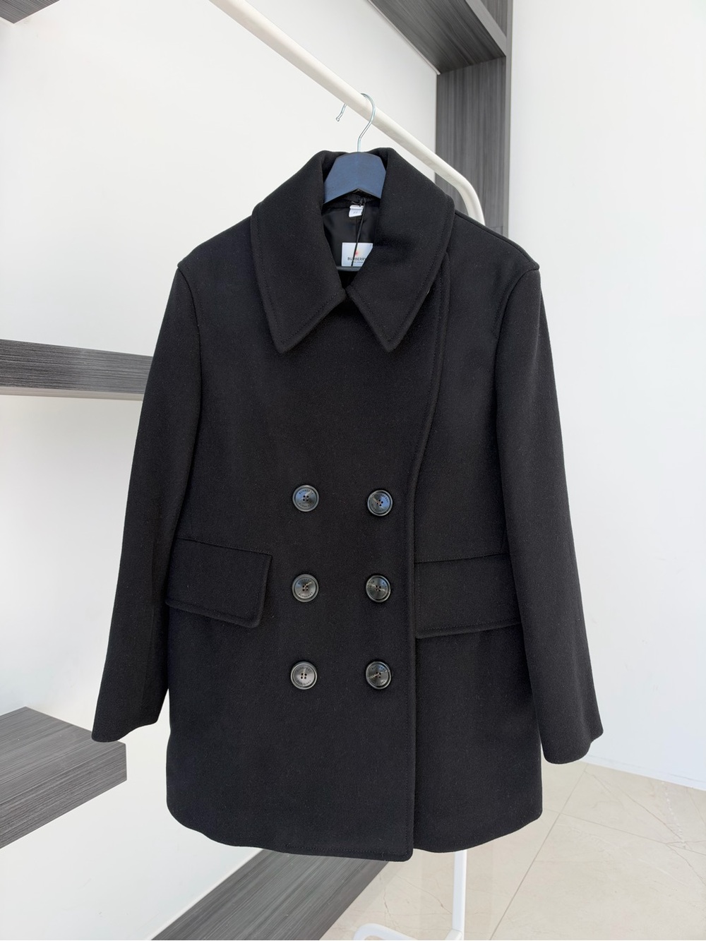 NWT Burberry Double-Breasted Pea Coat in Black 100% Wool
